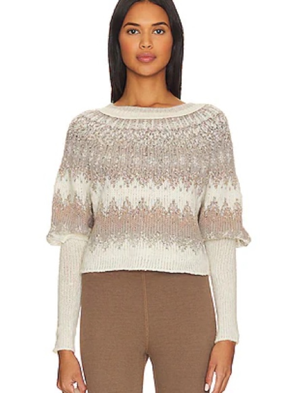 NWOT Free People Women’s Cream Tan Grey Fair Isle Boho Fall Sweater | M